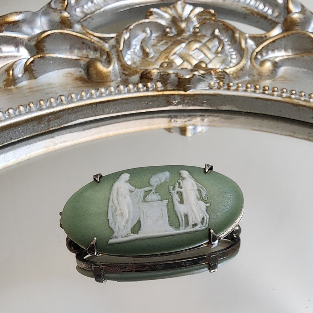 Vintage Wedgwood Sage Green Jasperware Sterling Brooch Sacrifice to Diana R.G.S
